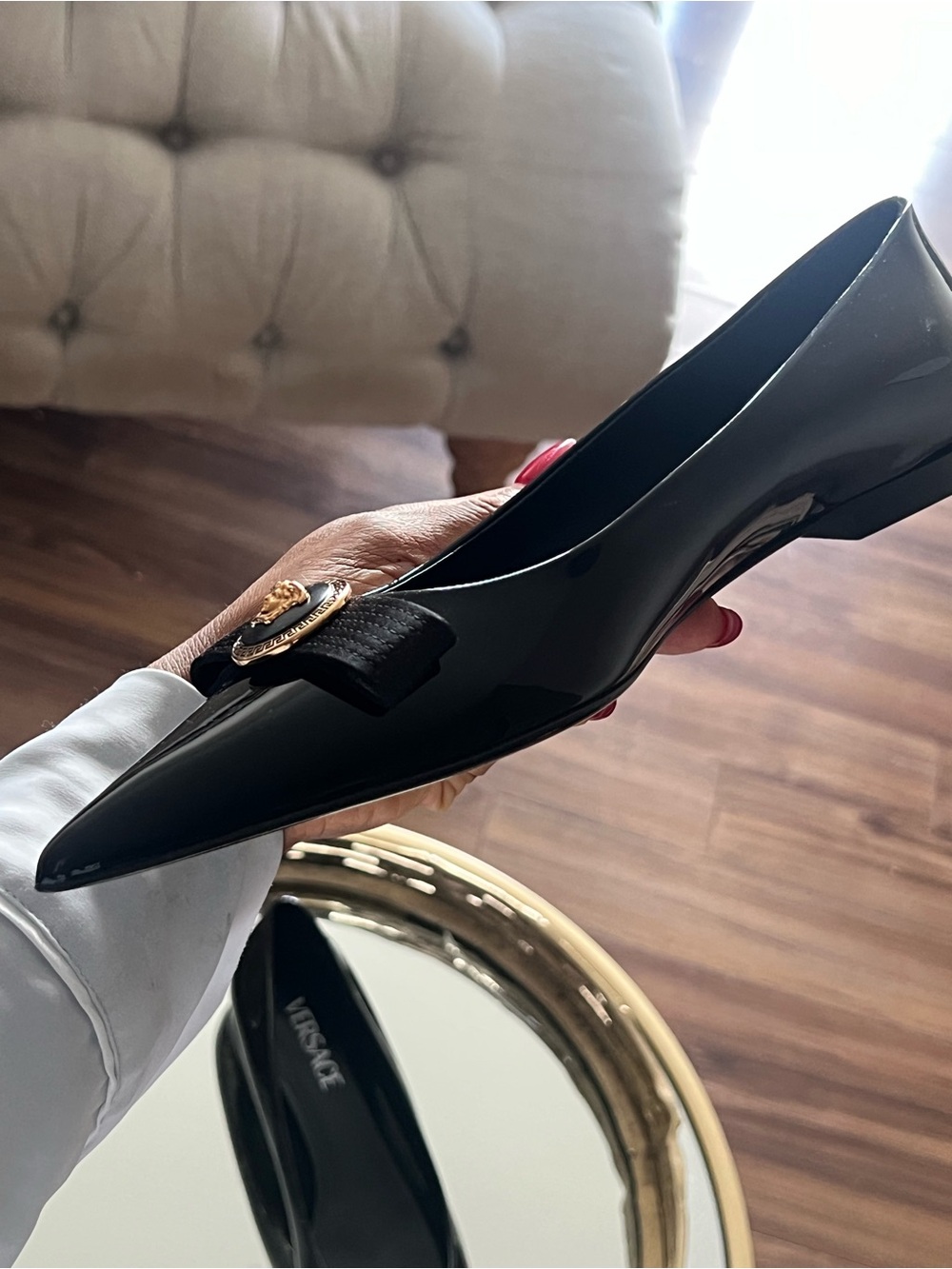 Versace Black Patent Pointed Toe Flats with Gold Medusa Medallion - Picture 10 of 13